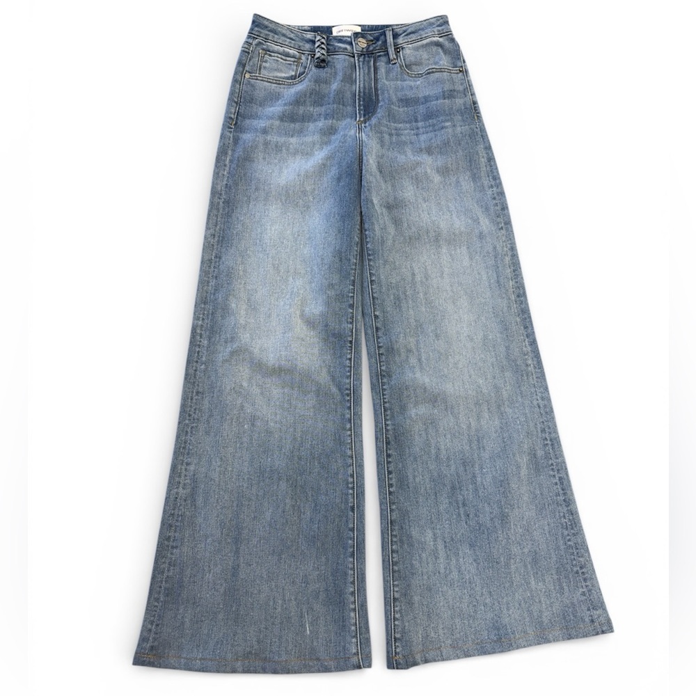 Driftwood Wide Leg Jeans in Blue Wash Women 26 Braided Belt Loop Boho